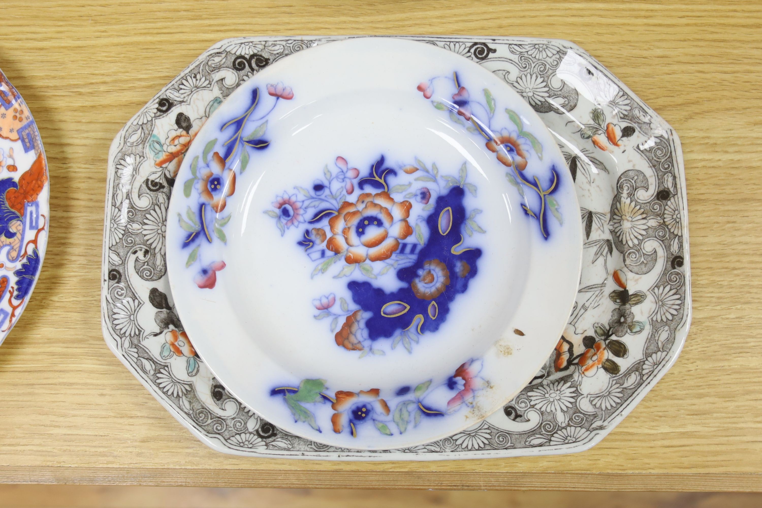 Victorian printed and enamelled tableware, including Davenport Stone China plate, 24cm